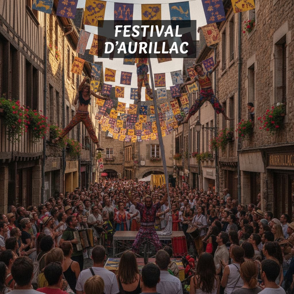Ruelle médiévale animée remplie de spectateurs, artistes de rue costumés et acrobates, avec banderoles et drapeaux colorés suspendus au-dessus, et texte 'Festival d'Aurillac' superposé.