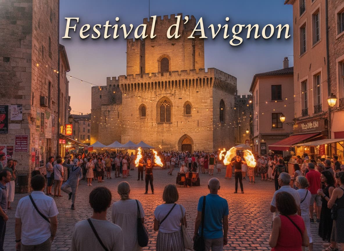 Une foule animée assiste à des spectacles de rue devant le Palais des Papes illuminé en soirée, avec des affiches colorées et un texte 'Festival d'Avignon' en superposition.