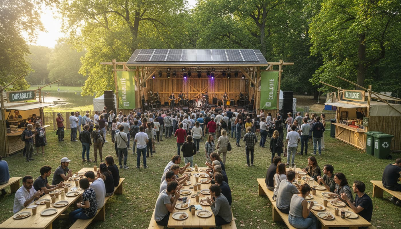 Un festival de musique en plein air dans un parc verdoyant, avec une scène en bois équipée de panneaux solaires, des convives mangeant dans des assiettes compostables à des tables en bois, et des banderoles en français affichant 'DURABILITÉ' et 'ÉCOLOGIE', le tout baigné d'une lumière naturelle tamisée à travers les arbres.
