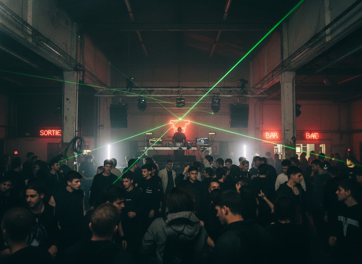 Foule jeune et énergique dans une salle de concert industrielle sombre, éclairée par des stroboscopes et des lasers verts, avec des panneaux 'SORTIE' et 'BAR' visibles.