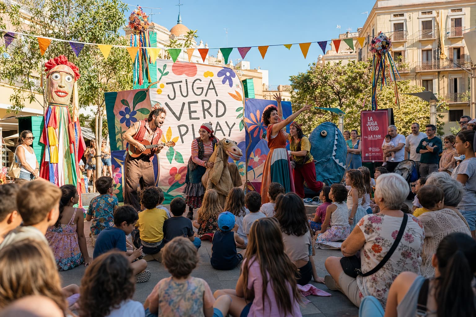 Des enfants regardant un spectacle de théâtre de rue coloré sur une place publique, avec des parents souriants et des décorations artistiques vibrantes sous un soleil éclatant.