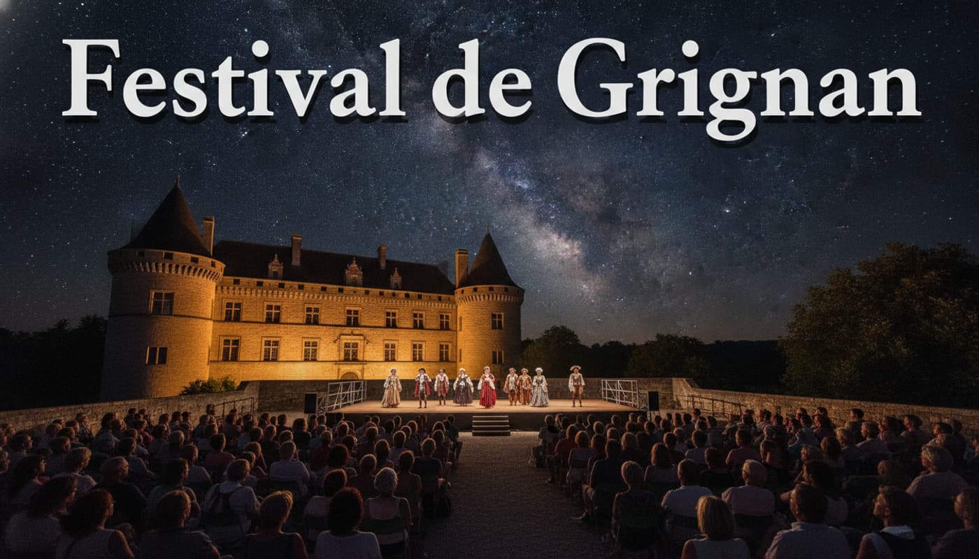 Sous un ciel étoilé, des acteurs en costumes d'époque jouent sur la terrasse du château de Grignan, tandis que le public captivé regarde, avec un texte superposé 'Festival de Grignan'.