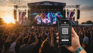 Vue large d'un festival de musique en plein air au coucher du soleil, une main tenant un smartphone affichant un billet numérique avec un code QR.