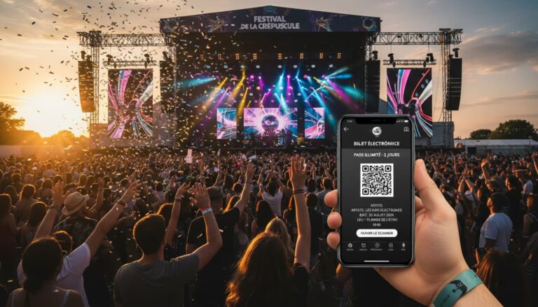 Vue large d'un festival de musique en plein air au coucher du soleil, une main tenant un smartphone affichant un billet numérique avec un code QR.