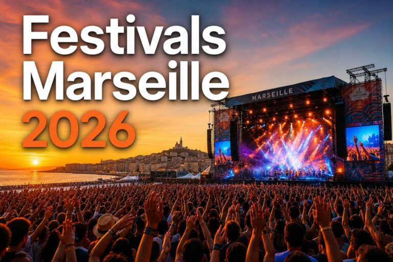 Une foule en liesse lors d'un festival de musique au bord de la mer au coucher du soleil avec des lumières de scène colorées et le texte Festivals Marseille 2026.