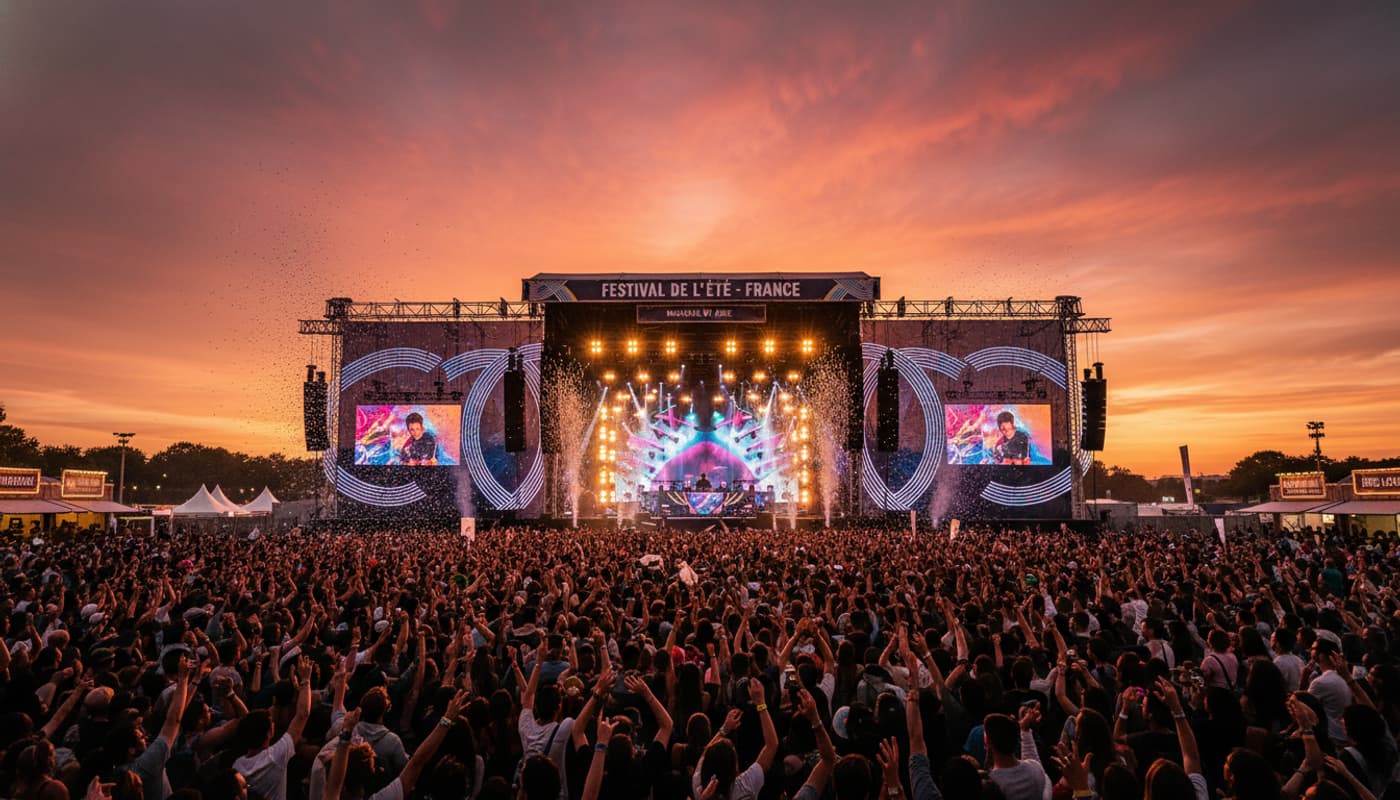 Vue grand-angle d'une scène de festival en plein air avec une foule nombreuse bras levés, au coucher du soleil, avec des écrans géants et des lumières colorées.