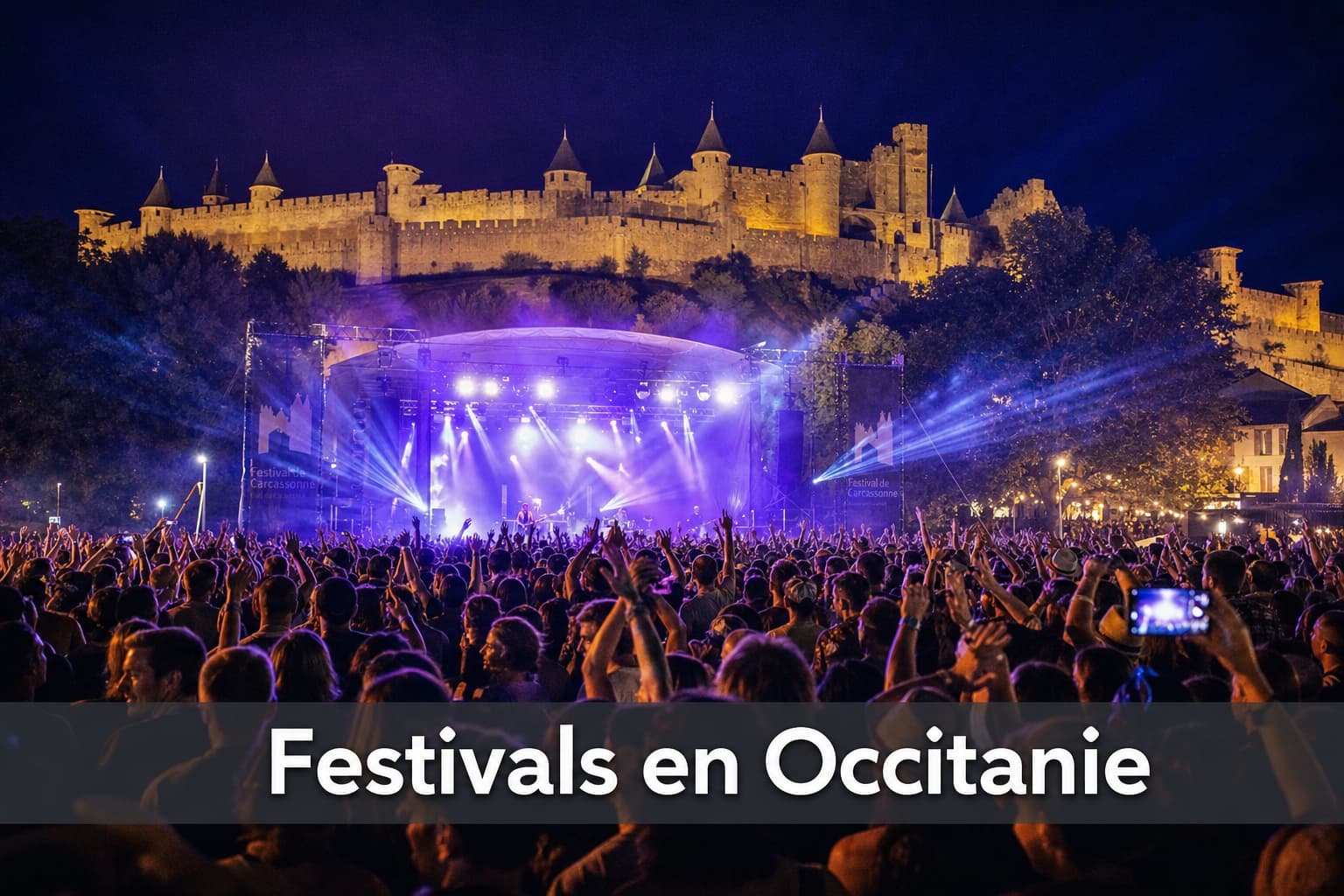 Une foule diverse regarde un concert en plein air la nuit, illuminée par des lumières violettes et bleues, avec un château médiéval illuminé en arrière-plan et le texte