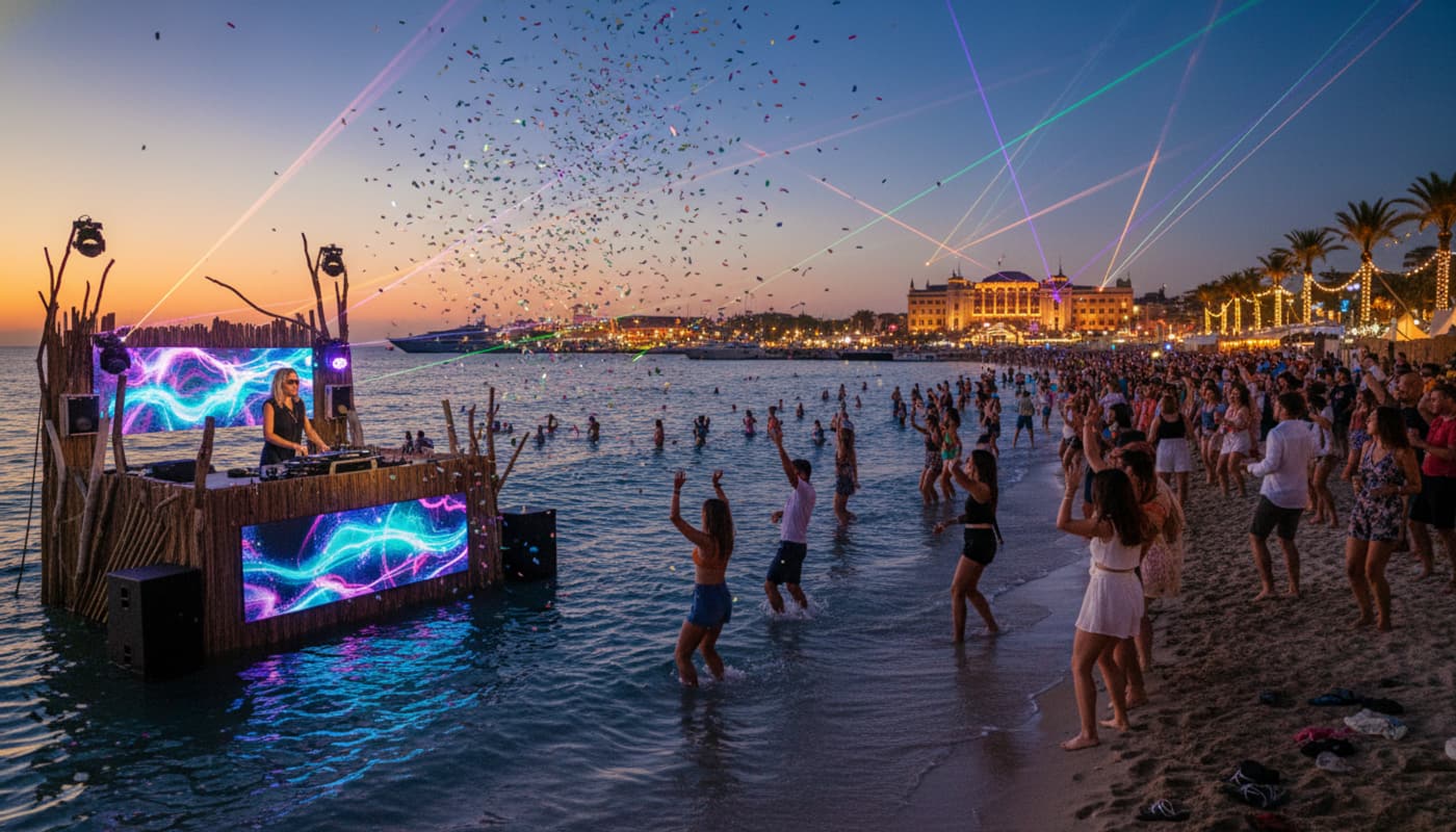 DJ set sur le sable au bord de l'eau à Cannes au crépuscule, personnes dansant dans l'eau et sur la plage, lumières du Palais des Festivals au loin.