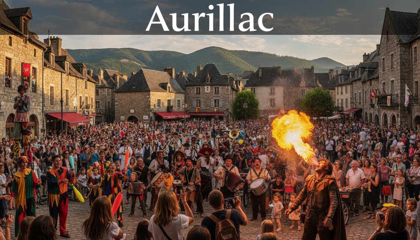 Vue panoramique d'une place médiévale à Aurillac remplie de spectateurs et d'artistes de rue, avec un cracheur de feu au premier plan, des toits d'ardoise et les montagnes du Cantal en arrière-plan, sous une lumière chaude d'après-midi d'août.