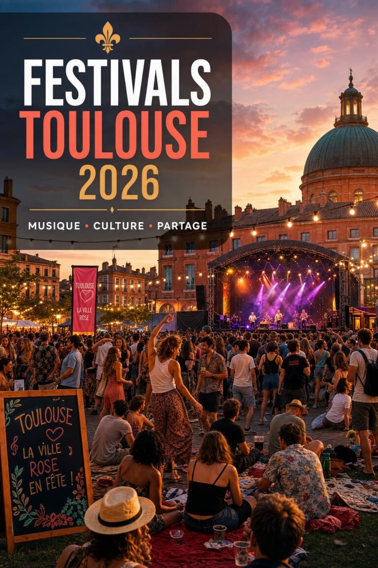 Une foule diversifiée profite d'un festival de musique en plein air au coucher du soleil, avec des bâtiments en brique rose en arrière-plan et un texte superposé 'Festivals Toulouse 2026'.