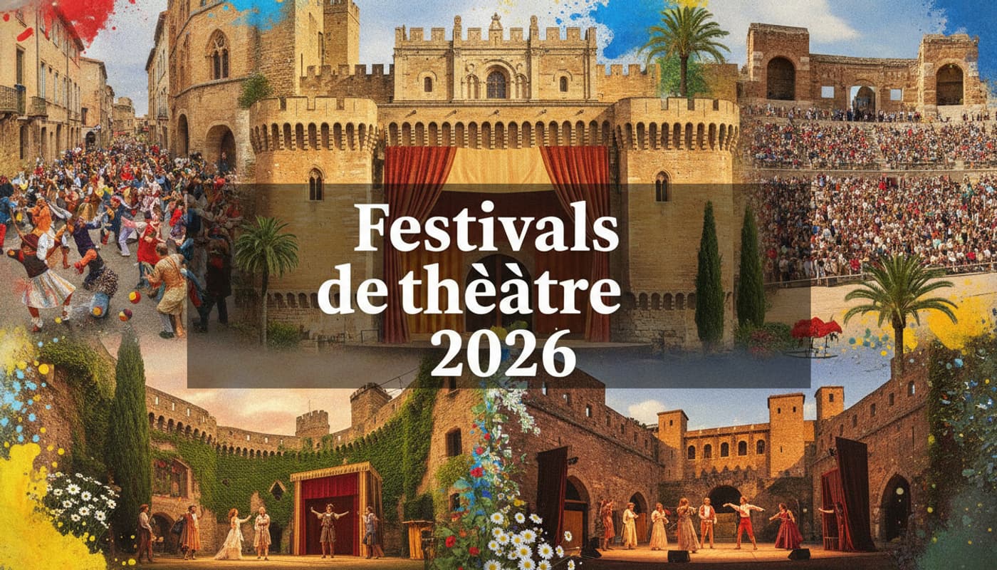 Collage éditorial estival mêlant le Palais des Papes d'Avignon, le théâtre antique d'Orange, des artistes de rue à Aurillac et une cour de château en Anjou, avec le texte 'Festivals de théâtre 2026' en superposition.