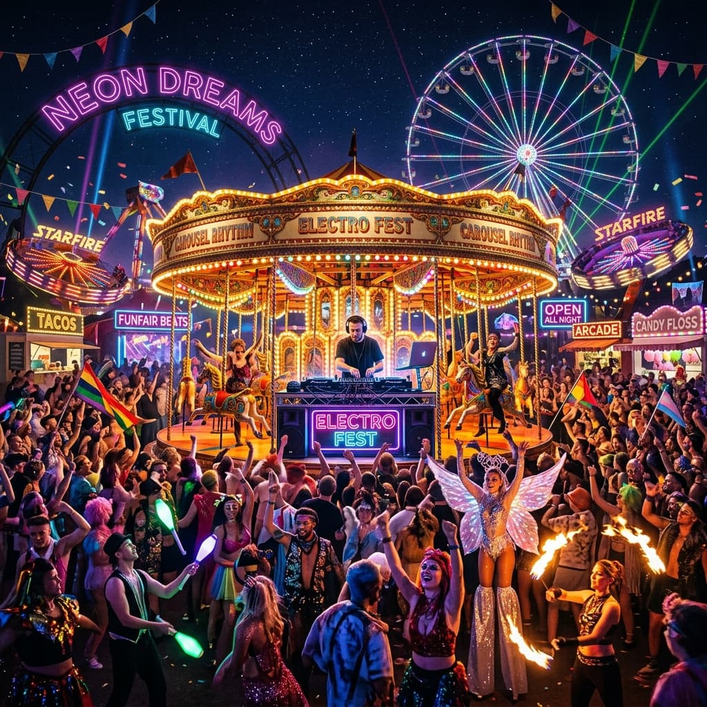 Une scène de fête foraine nocturne avec un carrousel vintage intégrant une cabine DJ, des artistes de cirque et des lumières néon colorées dans une foule costumée.