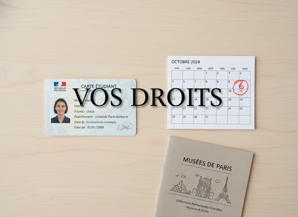 Composition flat lay sur un bureau en bois avec une carte d'étudiant française, un calendrier dont le premier dimanche est entouré en rouge, et une brochure des musées parisiens, avec le texte 'VOS DROITS' en superposition.