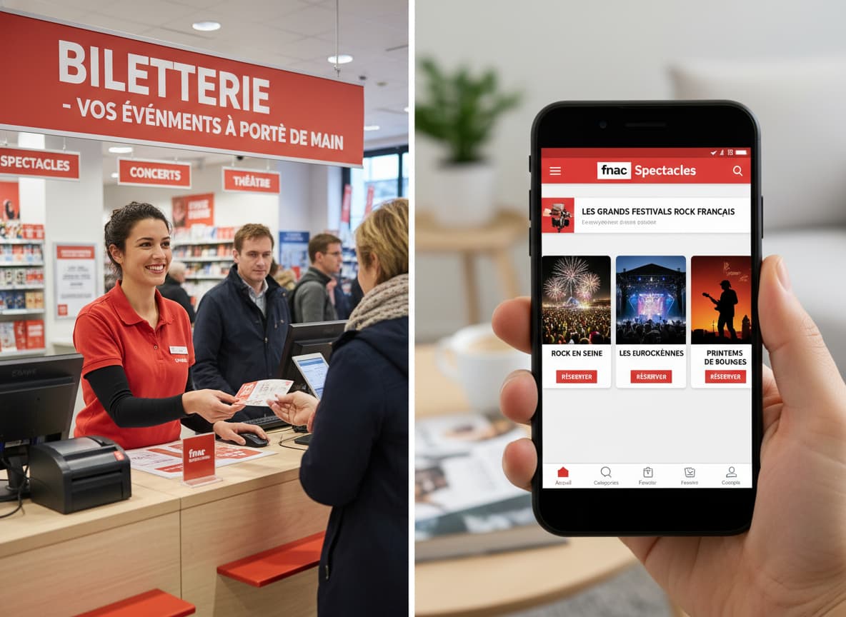 Partage d'écran entre un comptoir de billetterie Fnac et un smartphone affichant l'application Fnac Spectacles avec des festivals de rock français.