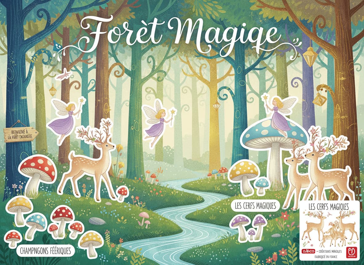 Une forêt enchantée se remplit d'autocollants de cerfs, champignons et fées de la marque Djeco, avec le texte 'Forêt Magique' superposé.