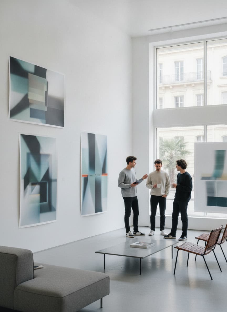 Galerie d'art contemporain à Montpellier avec des tirages photographiques abstraits sur murs blancs, jeunes artistes discutant sur un canapé moderne, lumière naturelle abondante.