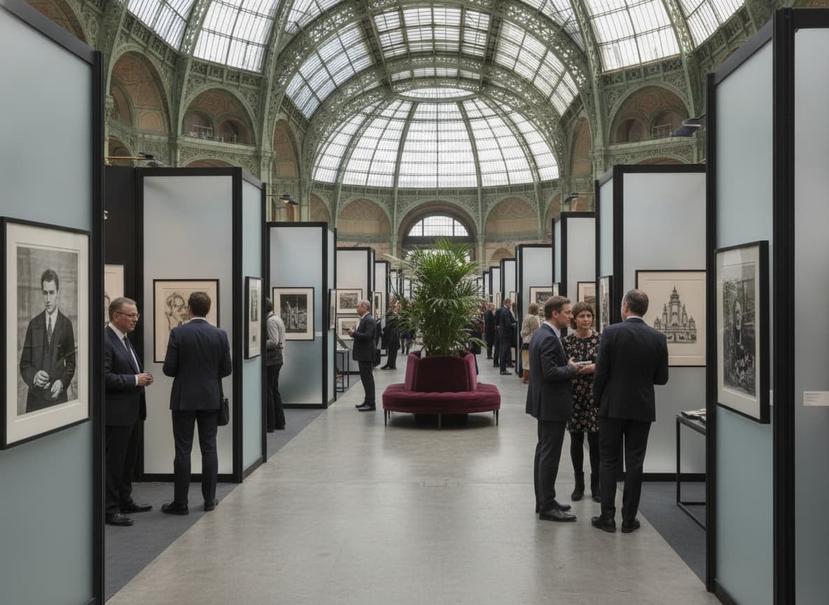 Intérieur du Grand Palais sous sa verrière, une foire d'art avec des stands de galeries et des visiteurs examinant des tirages noir et blanc éclairés par une lumière diffuse.