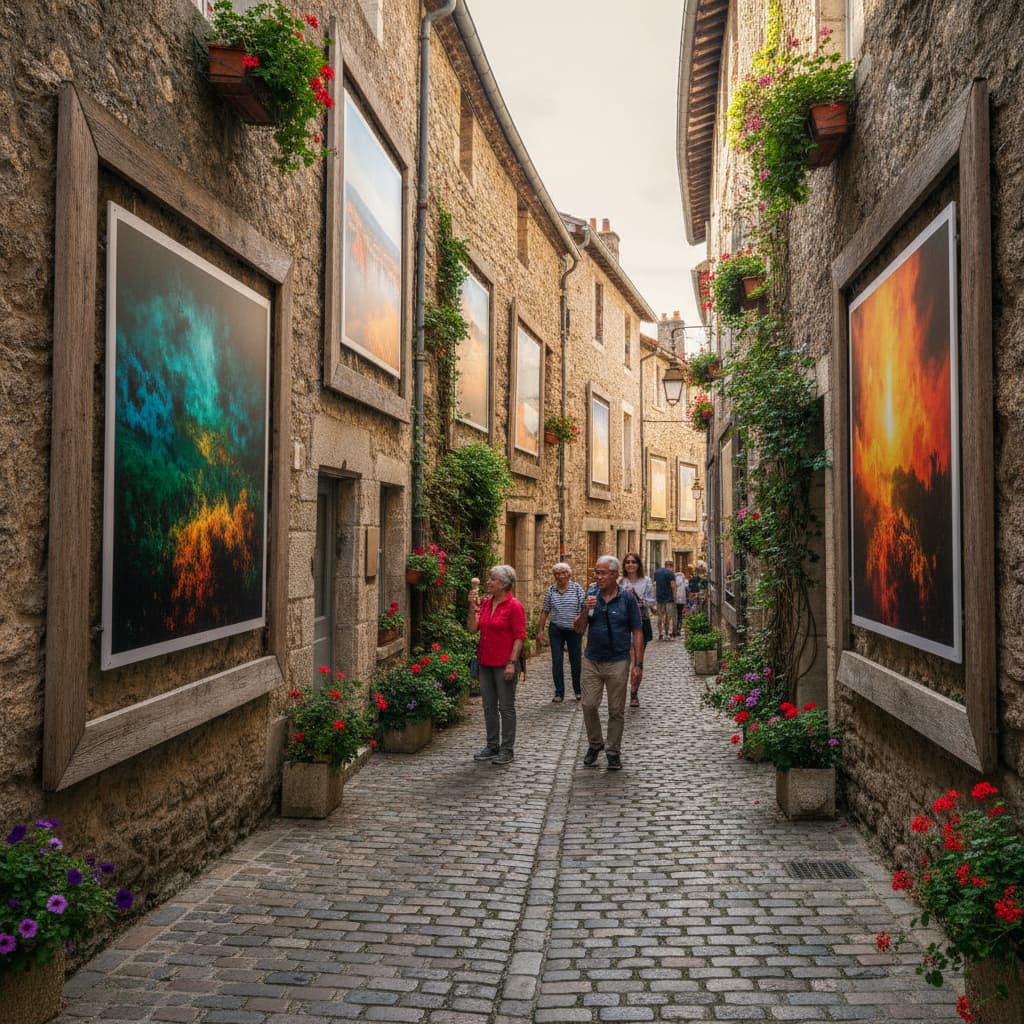 Grandes photos extérieures accrochées aux murs en pierre d'un village français pittoresque, rue pavée avec visiteurs se promenant, fleurs et verdure, journée ensoleillée aux couleurs vives, profondeur de champ.
