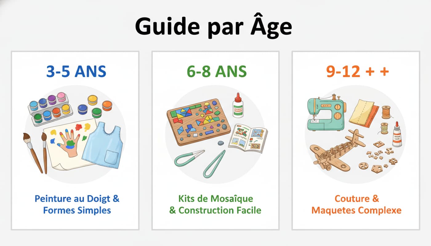Infographie présentant trois catégories d'ateliers créatifs pour enfants selon l'âge : peinture au doigt pour les 3-5 ans, mosaïque pour les 6-8 ans, et couture ou modèles complexes pour les 9-12 ans, avec un titre 'Guide par Âge'.
