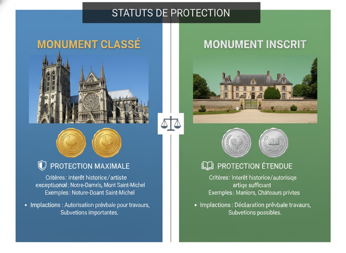 Infographie comparant une cathédrale représentant un monument classé avec des sceaux dorés à un manoir représentant un monument inscrit avec des sceaux argentés, avec le texte 'STATUTS DE PROTECTION' superposé.