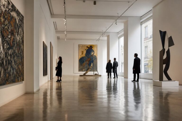 Vue large d'une galerie d'art aux murs blancs et sol en béton, avec des visiteurs contemplant des œuvres contemporaines.