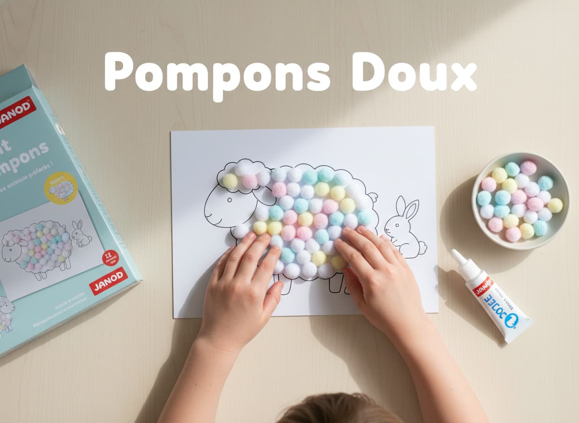 Vue de dessus d'un kit de pompons Janod, des boules de laine colorées collées sur un carton formant la fourrure d'un mouton ou d'un lapin, avec le texte 'Pompons Doux' en superposition.