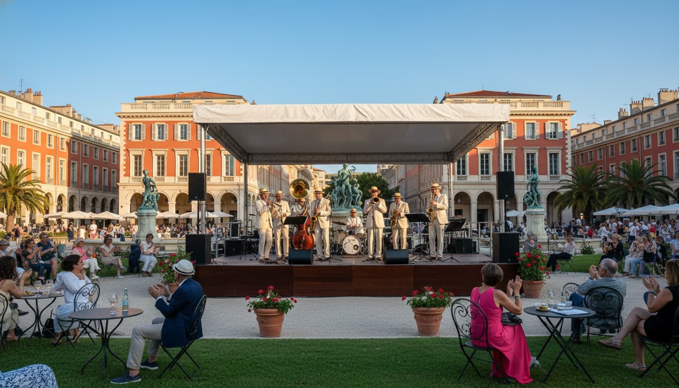 Scène de jazz en plein air à Place Masséna à Nice, avec des bâtiments rouges et des statues, un orchestre de cuivres jouant sous un ciel bleu, et une foule assistant au concert dans le jardin public.