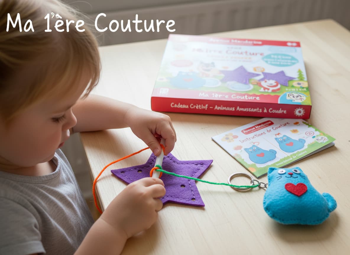 Mains d'un enfant utilisant une aiguille en plastique pour assembler des pièces de feutrine colorée à côté d'un petit doudou terminé, avec l'inscription Ma 1ère Couture.