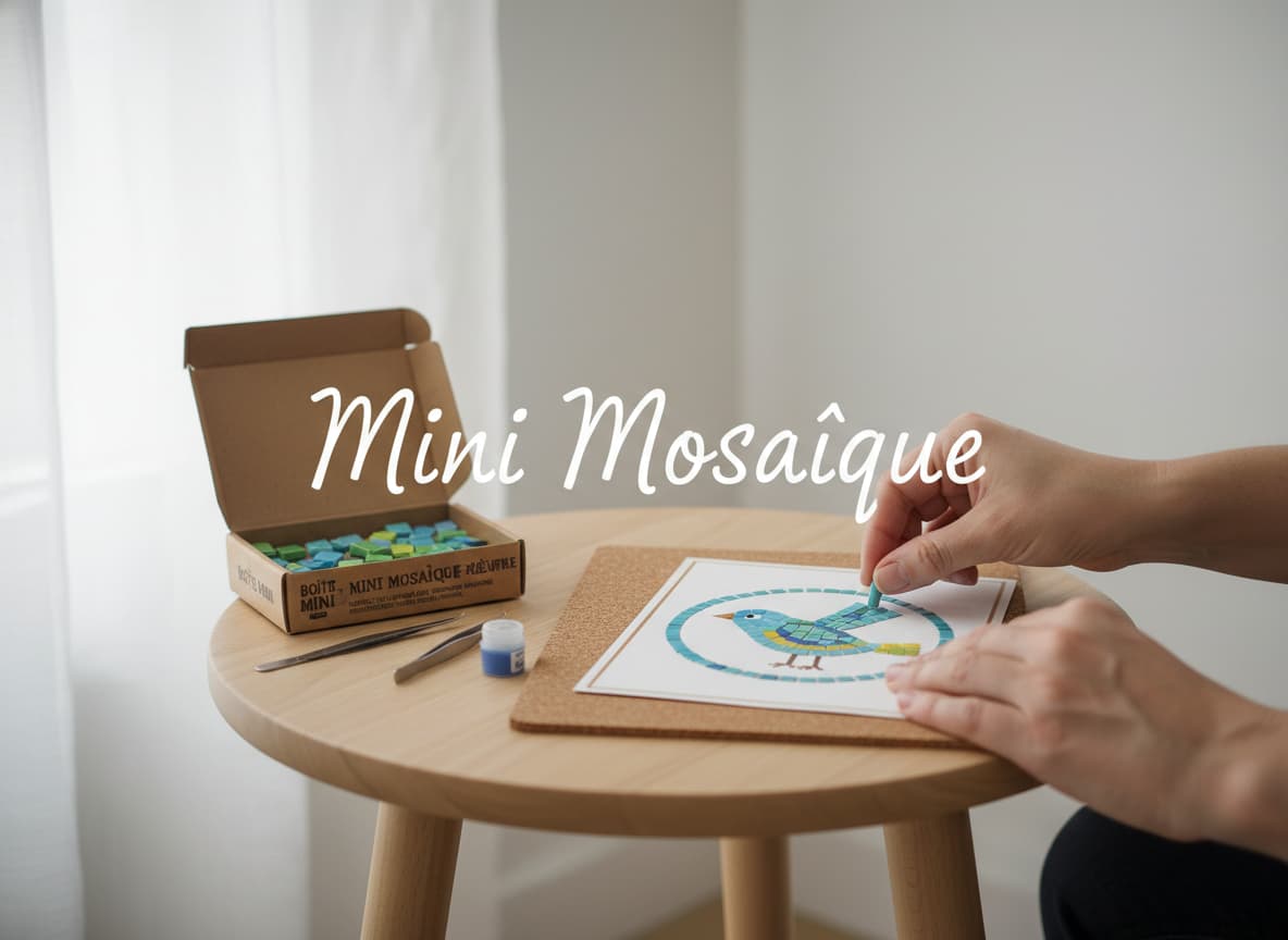 Petites tuiles carrées appliquées sur une carte, avec la boîte du kit et le texte 'Mini Mosaïque' visible.