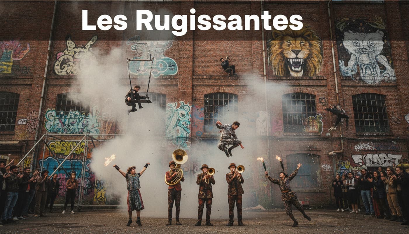 Artistes de cirque et musiciens de fanfare se produisent devant une ancienne usine en briques rouges, avec des graffitis, de la fumée de machine à brouillard, des athlètes de parkour et une foule diversifiée.