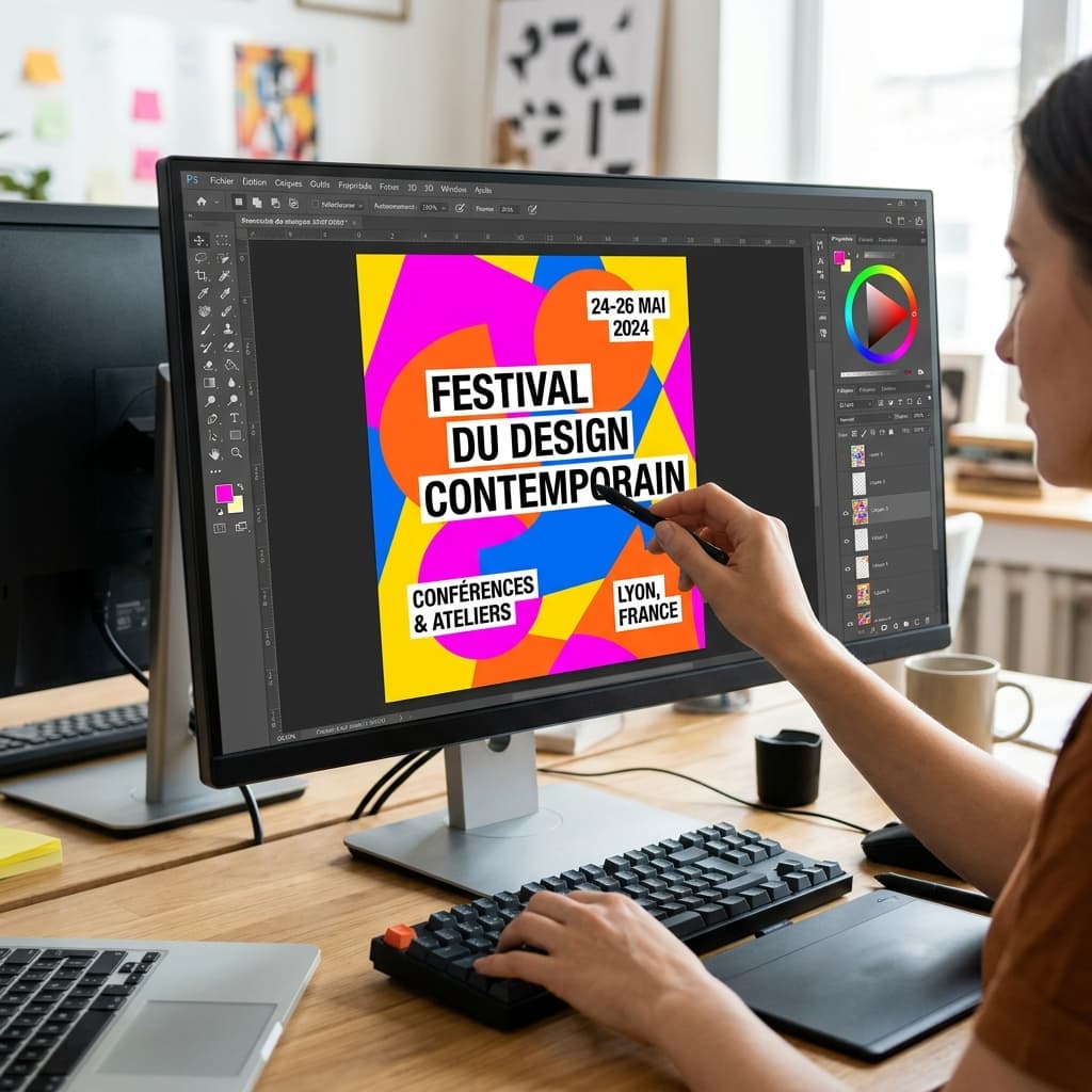 Un logiciel de design graphique moderne affiche à l'écran la mise en page en cours d'édition d'une affiche culturelle colorée avec des textes et des boutons d'interface rédigés en français.