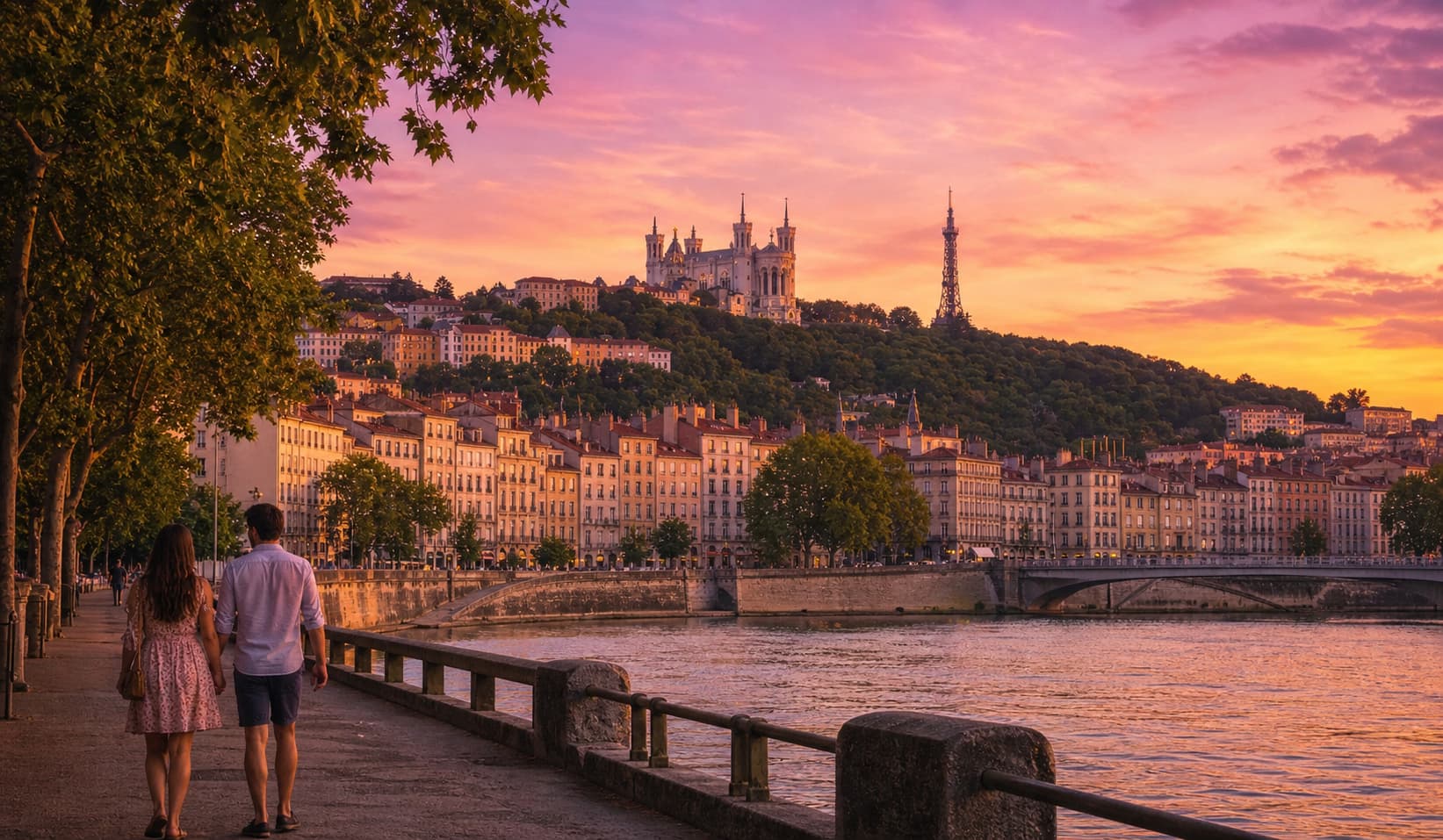 Vue de Lyon au coucher du soleil avec la basilique de Fourvière