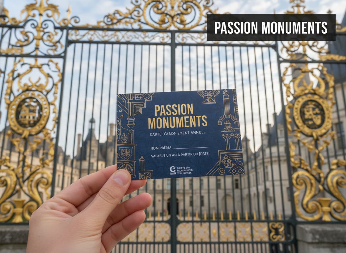 Main tenant une carte d'abonnement Passion monuments devant les grilles ornées d'un château français, avec le texte 'PASSION MONUMENTS' en surimpression.