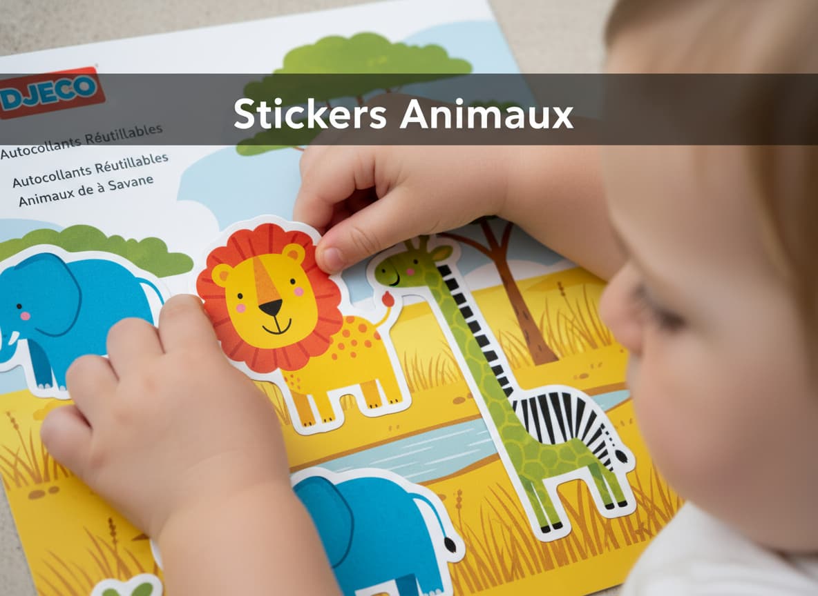 Petites mains collant un autocollant de lion coloré sur un fond de savane illustré, avec un texte 'Stickers Animaux' superposé.