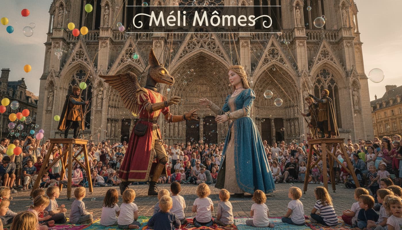 Des marionnettes géantes dansent devant la cathédrale de Reims, actionnées par des artistes en costume médiéval, des enfants assis les regardent émerveillés, des ballons et des bulles emplissent l'air.