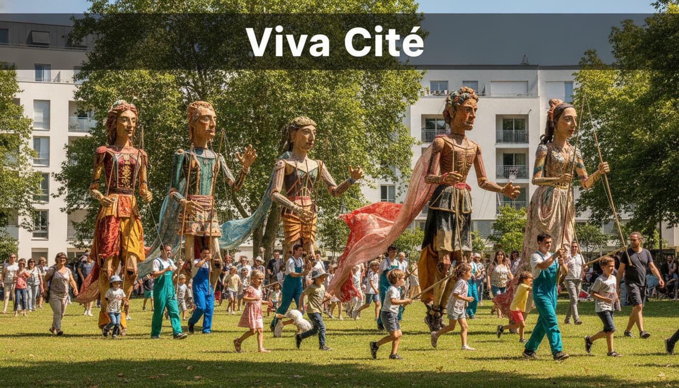 Des marionnettes géantes défilent dans un parc ensoleillé à Sotteville-lès-Rouen, entourées d'enfants et de foules.