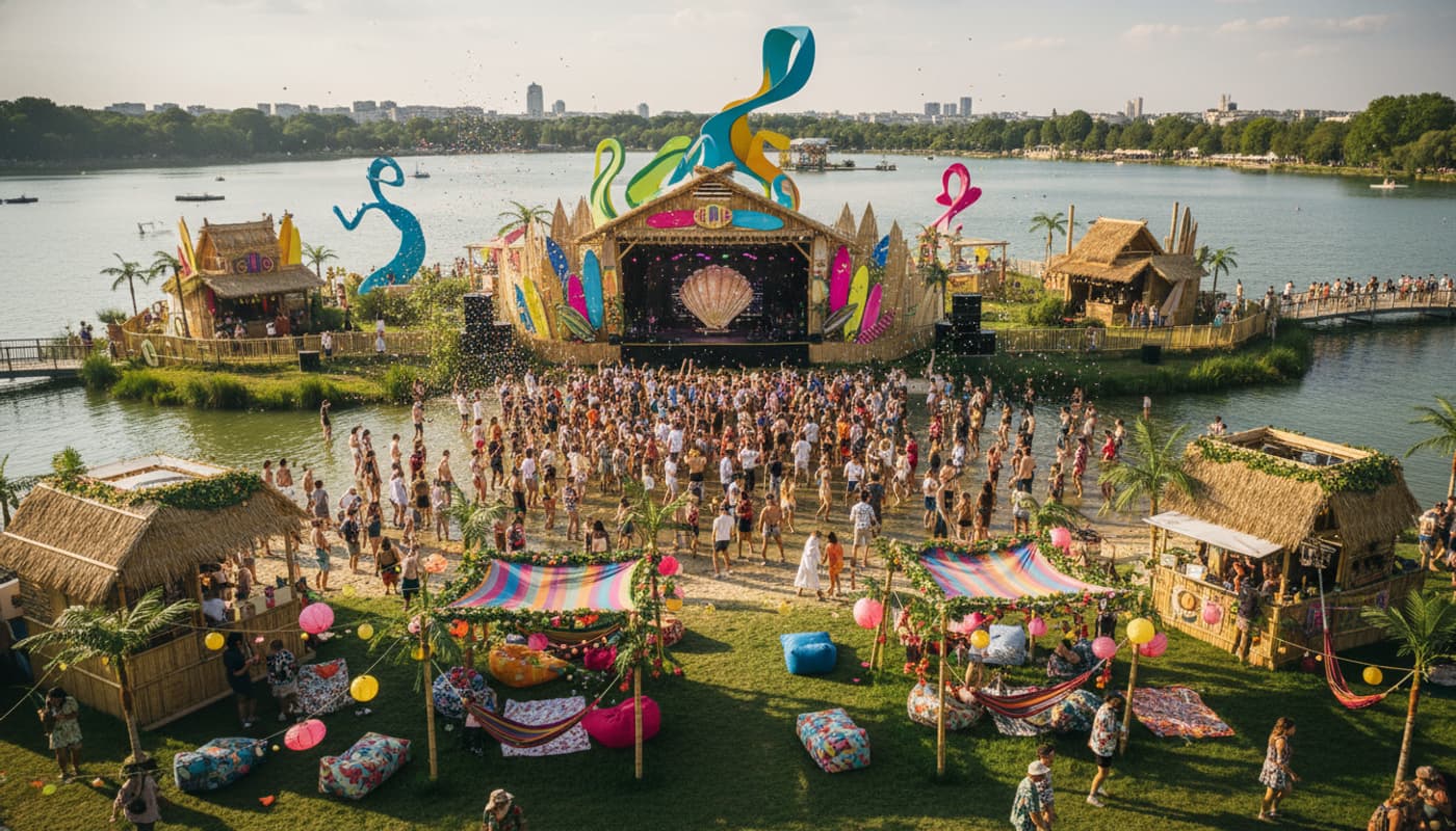 En journée, un festival de musique électronique se déroule sur une île verdoyante au milieu d'un lac, avec des installations artistiques colorées, des scènes à thème balnéaire, et des personnes dansant près de l'eau.