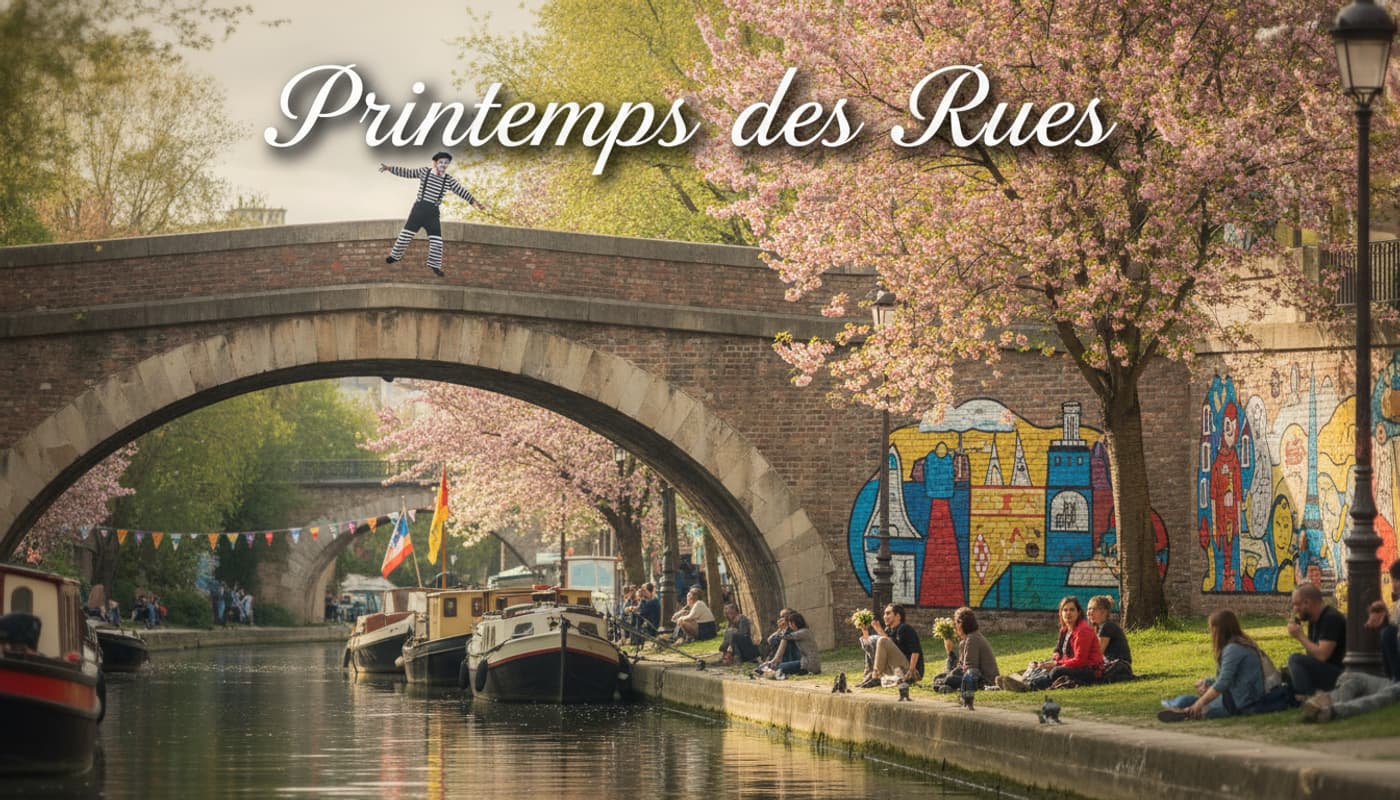 Un mime au visage blanchi se produit sur un pont pavé au-dessus du canal de l'Ourcq, entouré de verdure et de fresques murales colorées, avec des spectateurs assis sur les berges et des fleurs printanières, sous un éclairage doux et poétique.