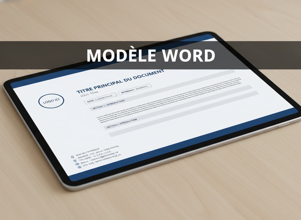 Plan rapproché d'une tablette affichant un modèle de document numérique avec des espaces réservés pour un logo, un titre et des coordonnées, le texte 'MODÈLE WORD' apparaissant sur un fond semi-transparent sombre.