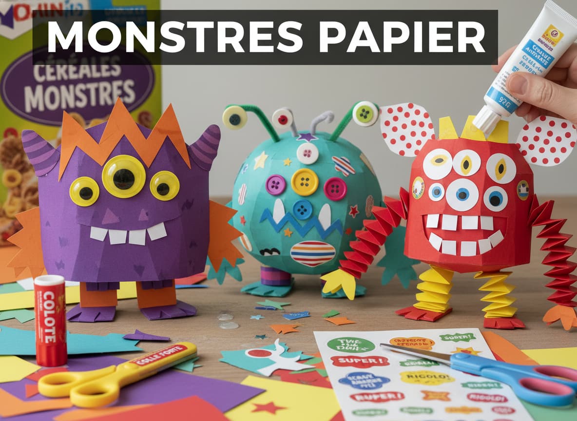 Gros plan de trois monstres en papier colorés avec des yeux multiples et des dents amusantes, l'un d'eux est en cours de collage.
