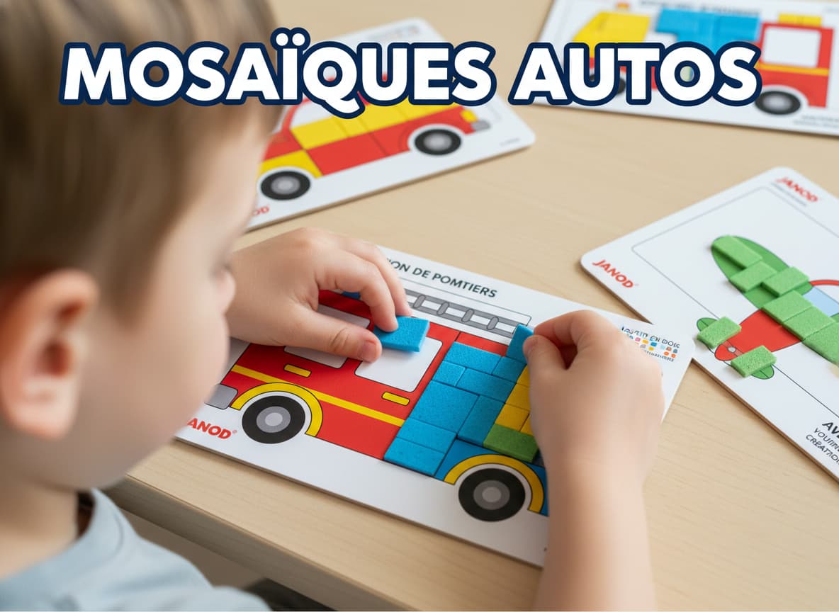 Des mains d'enfant posent une pièce carrée bleue sur le motif d'un camion de pompiers sur un plateau de mosaïque, entouré d'autres planches de voitures et d'avions, avec le texte 'Mosaïques Autos' en superposition.