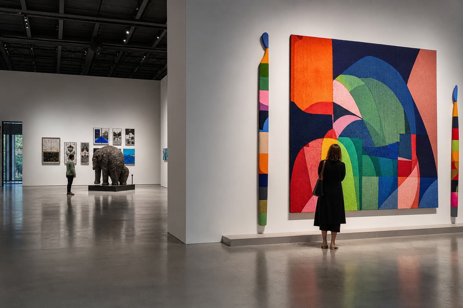 Visiteurs contemplant une installation abstraite