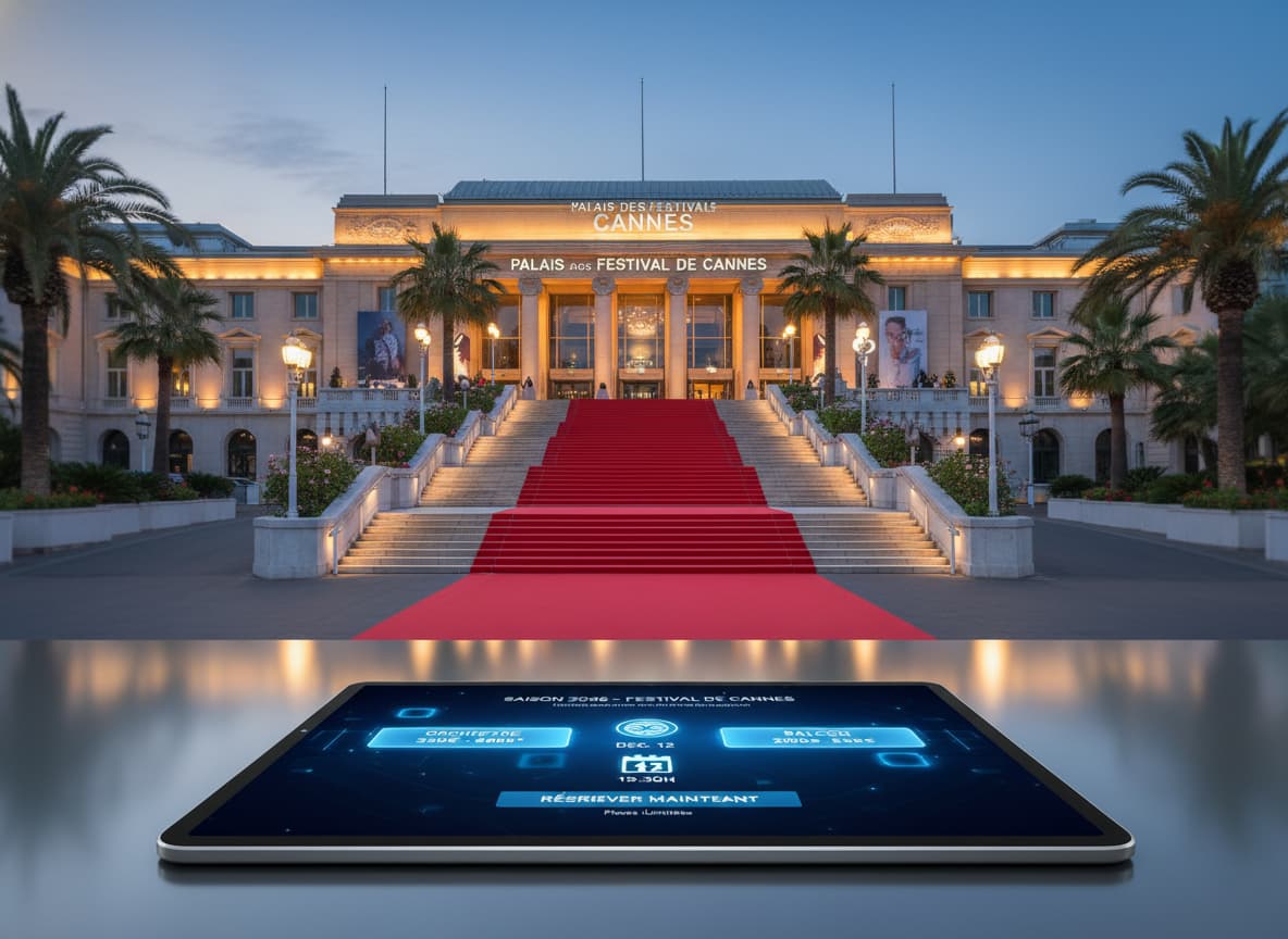Vue prestigieuse du Palais des Festivals à Cannes avec son tapis rouge et ses palmiers, une tablette numérique affichant une interface de réservation pour la saison 2026 avec catégories Orchestre et Balcon.