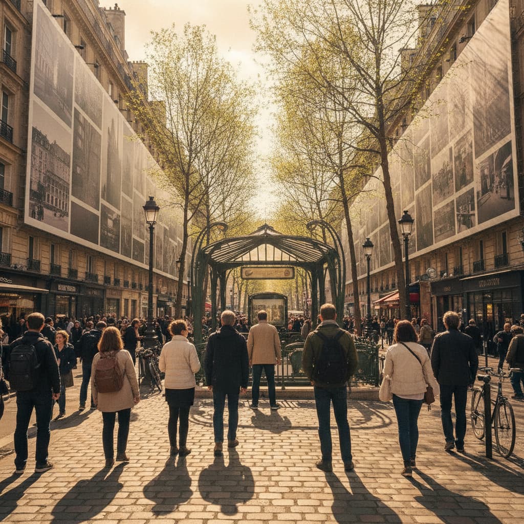 Piétons regardant des photos exposées sur des façades d'immeubles près d'une entrée de métro à Paris sous la lumière printanière.