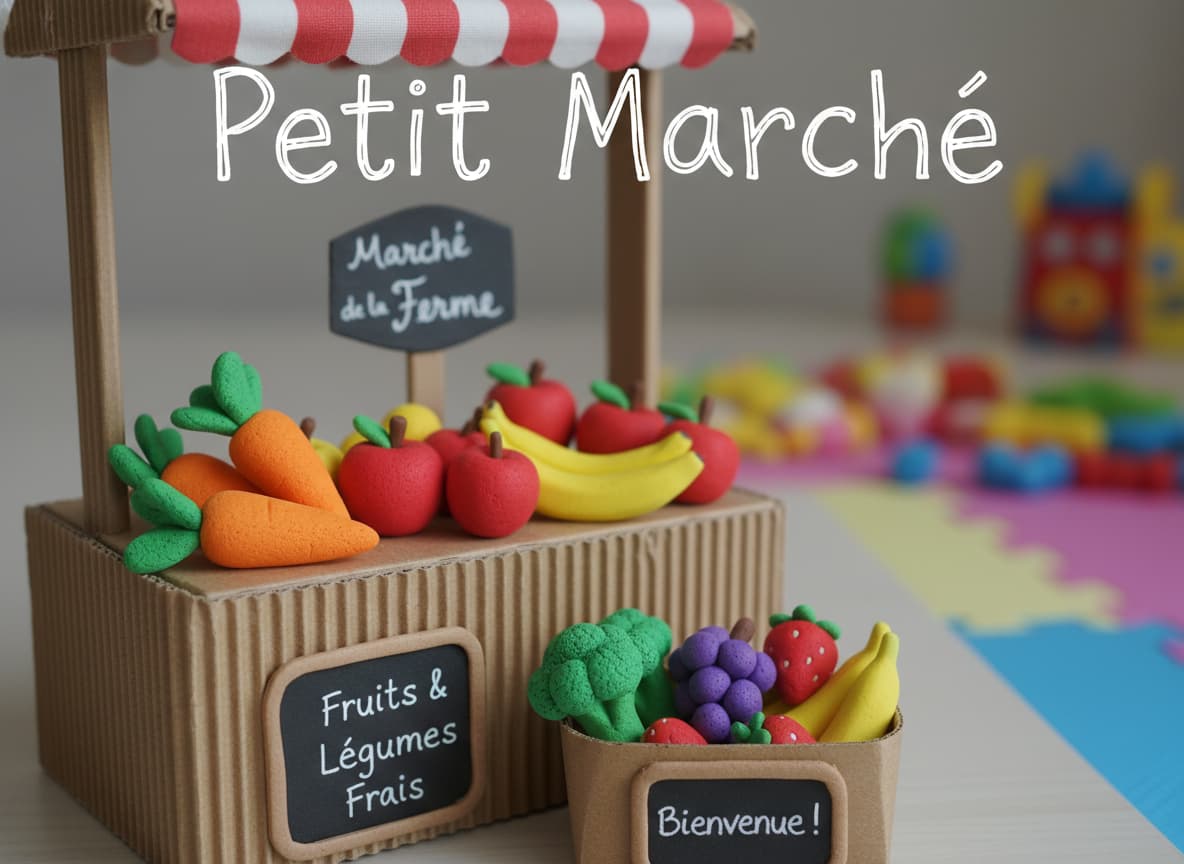 Miniatures de fruits et légumes en pâte à modeler Patarev disposées devant un stand de marché en carton, avec le texte 'Petit Marché' en superposition.