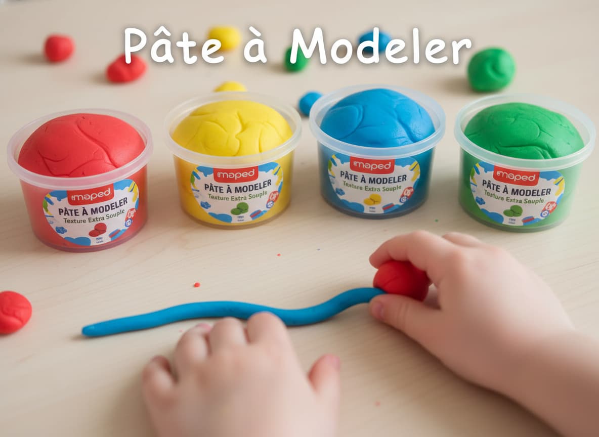 Quatre pots ouverts de pâte à modeler Maped Creativ en rouge, jaune, bleu et vert, avec un petit serpent et une boule de pâte roulés par un enfant, et le texte 'Pâte à Modeler' en superposition.