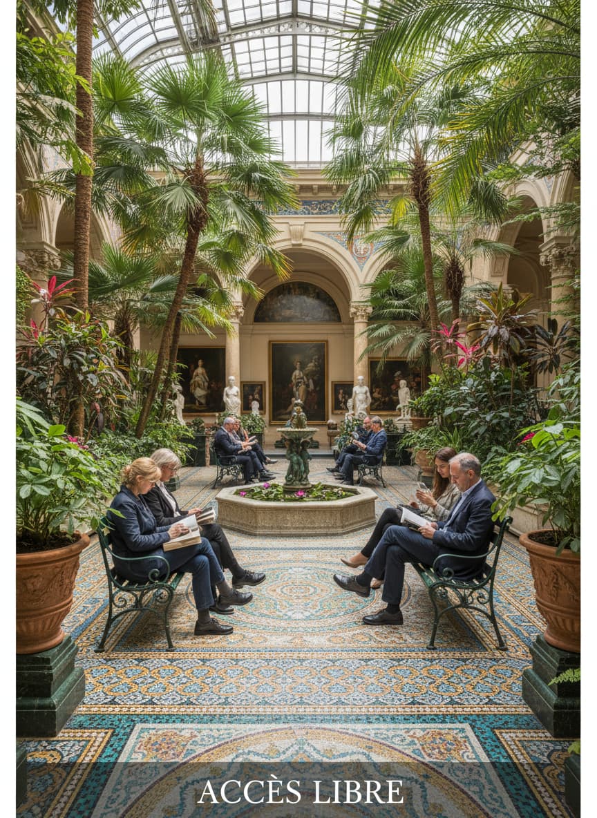 Vue verticale du jardin intérieur du Petit Palais avec visiteurs se relaxant près de mosaïques colorées et de plantes exotiques dans une atmosphère paisible, avec le texte ACCÈS LIBRE en superposition en bas.