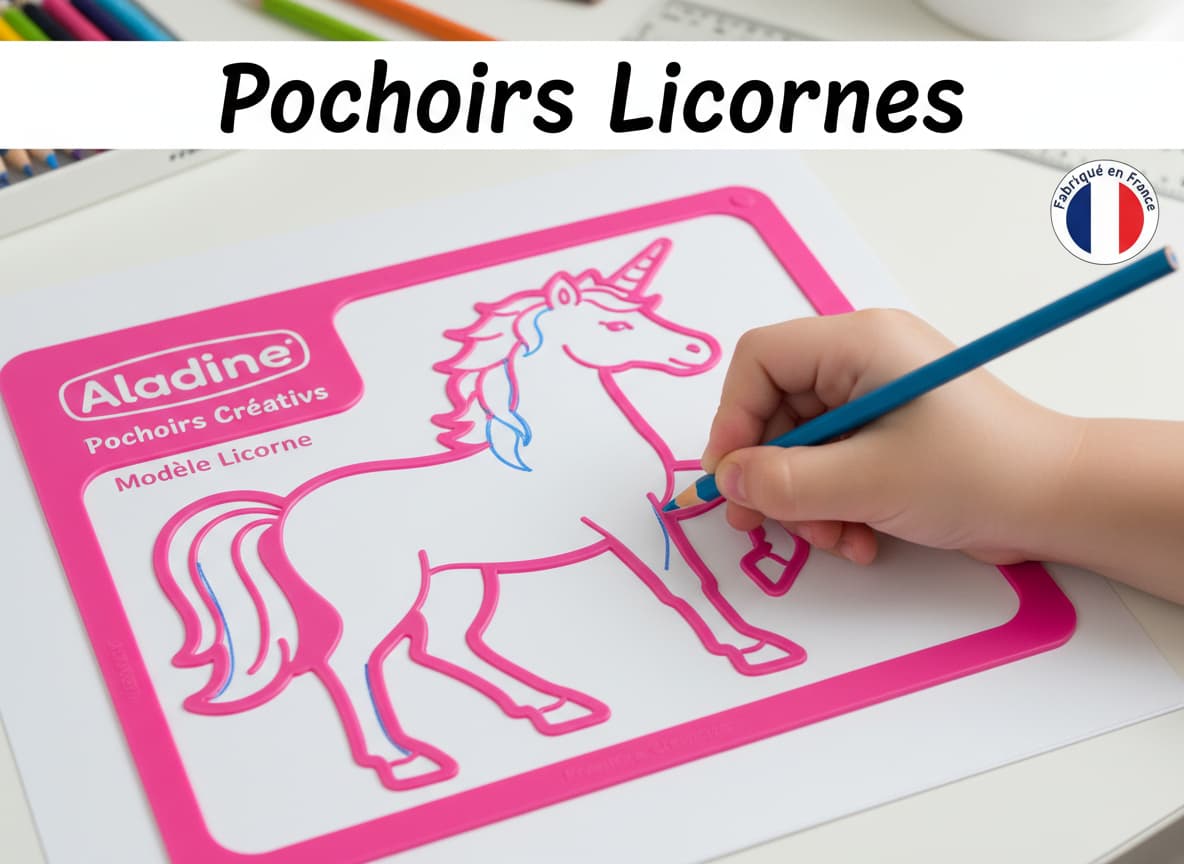 Un enfant trace le contour d'un pochoir en forme de licorne rose sur une feuille blanche avec un crayon de couleur.