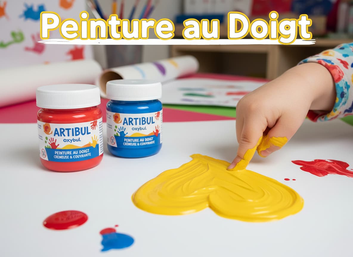 Deux petits pots de peinture Artibul de la marque Oxybul sont posés à côté du doigt d’un enfant traçant un cœur dans de la peinture jaune épaisse, avec un texte 'Peinture au Doigt' en superposition.