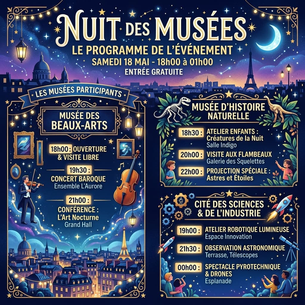 Document au thème nuit des musées avec ciel bleu foncé étoilé, présentant un programme d'événements organisé avec horaires et temps forts.